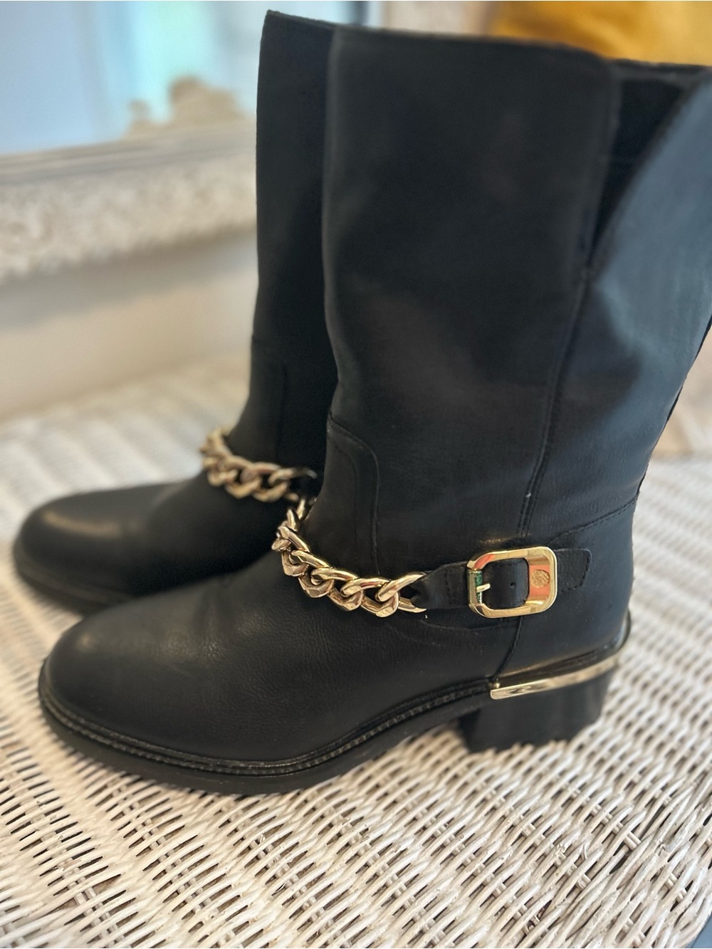 *Worn Once* VINCE CAMUTO Leather Mid-Calf Boots with Gold Chain Trim, Zipper
